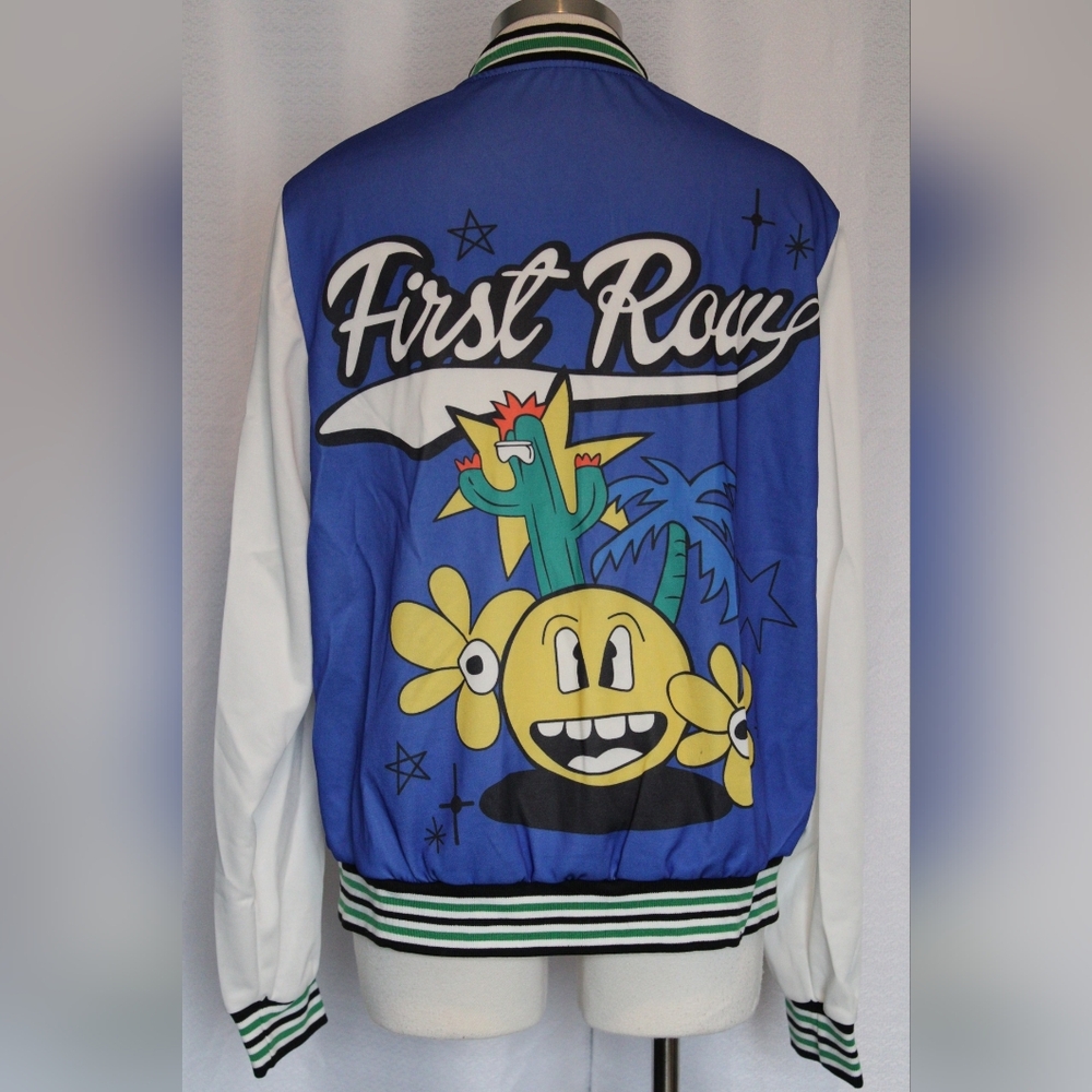 Women’s 1XL Graphic Letterman Style Jacket Blue White Button Up - Picture 4 of 7
